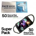 Pack 30 mascarillas sublimación + caja 50 mascarillas desechables Face Mask