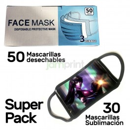 Pack 30 mascarillas sublimación + caja 50 mascarillas desechables Face Mask